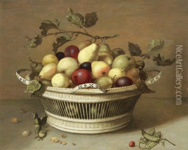 Apples, Pears And Plums In A Basket With Hazelnuts Oil Painting - Johannes Bouman