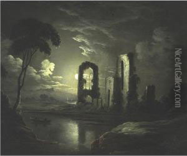 Moonlight Over A Lake Oil Painting - Sebastian Pether
