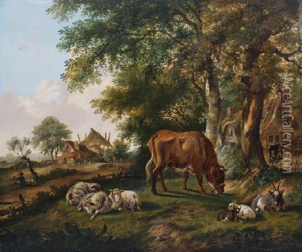 Rural Scene With Figures And Farm
Animals Oil Painting - Eugene Verboeckhoven