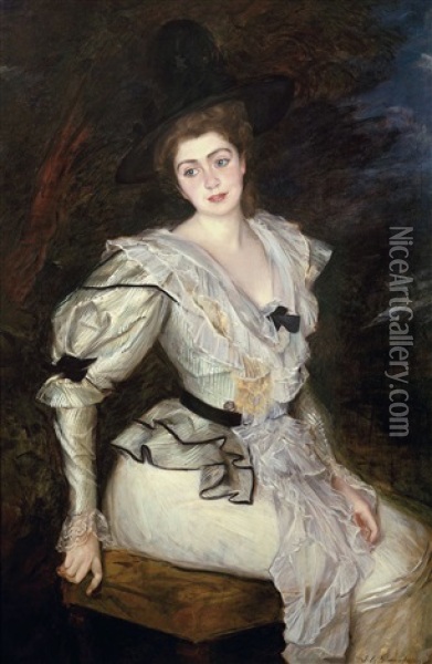 Portrait Of A Sitting Baroness In Louis Xvi Costume Oil Painting - Jacques-Emile Blanche