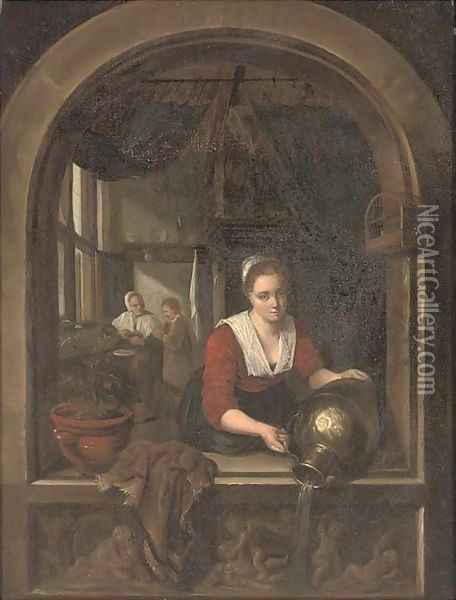 A girl with a water jug at a casement Oil Painting - Gerrit Dou