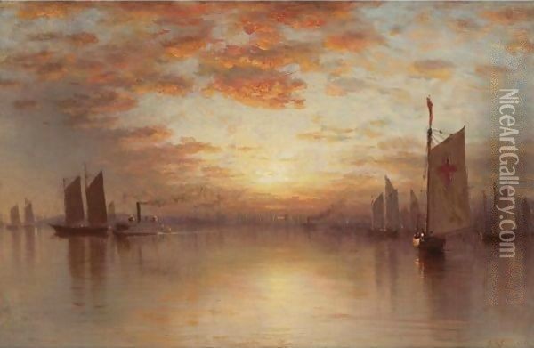 Sunset Over New York Bay Oil Painting - Sanford Robinson Gifford