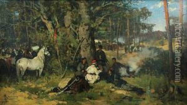 Oboz Powstancow W Lesie Oil Painting - Thaddaus von Ajdukiewicz