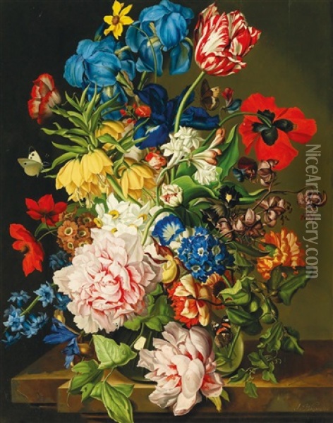 Two Bouquets Of Flowers With Butterflies Oil Painting - Sebastian Wegmayr