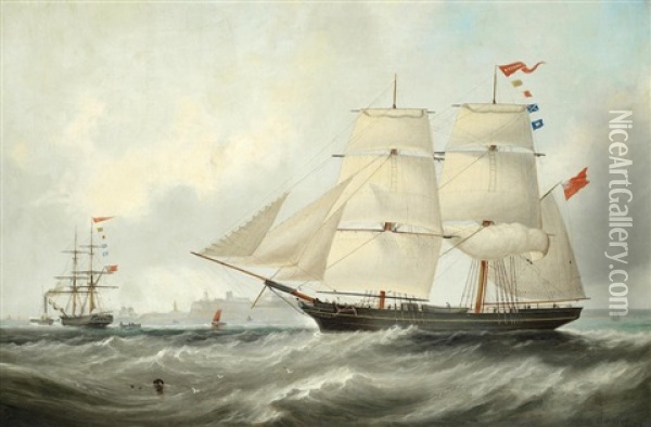 The Coastal Trading Brig Ariadne, In Two Positions, Off Tynemouth Oil Painting - John Scott