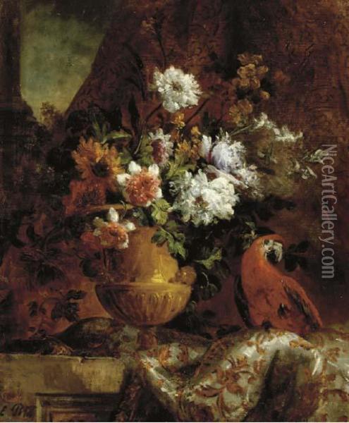 Flowers In An Urn And A Parrot On A Ledge Oil Painting - Eugene Petit
