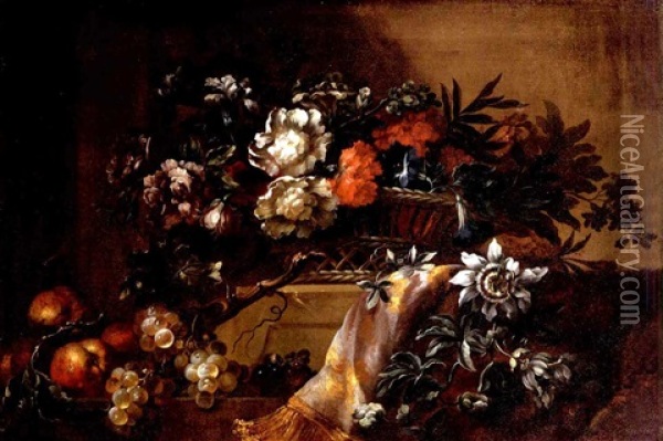 Roses, Carnations, Peonies And Other Flowers In A Basket Next To Some Apples And Grapes On A Partially Draped Stepped Stone Ledge Oil Painting - Pierre Nicolas Huilliot