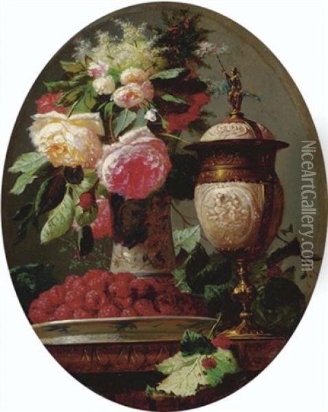 Still Life Of Flowers With Raspberries And An Urn On A Table Oil Painting - Jean-Baptiste Robie