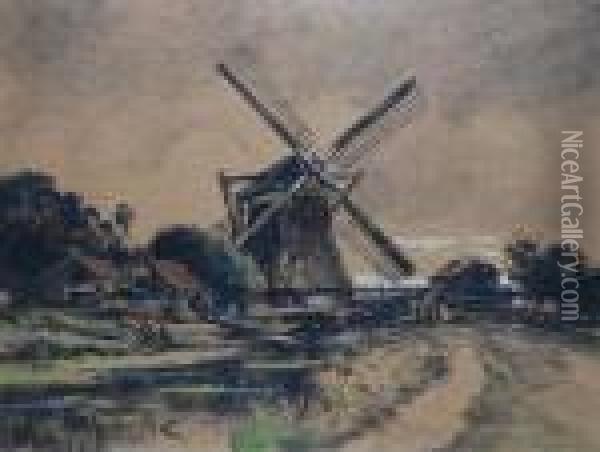 Figures By A Windmill Oil Painting - John Constable