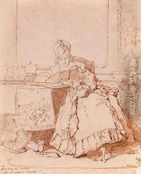 A woman reading at a table in an elegant interior Oil Painting - Alexander Hugo Bakker Korff