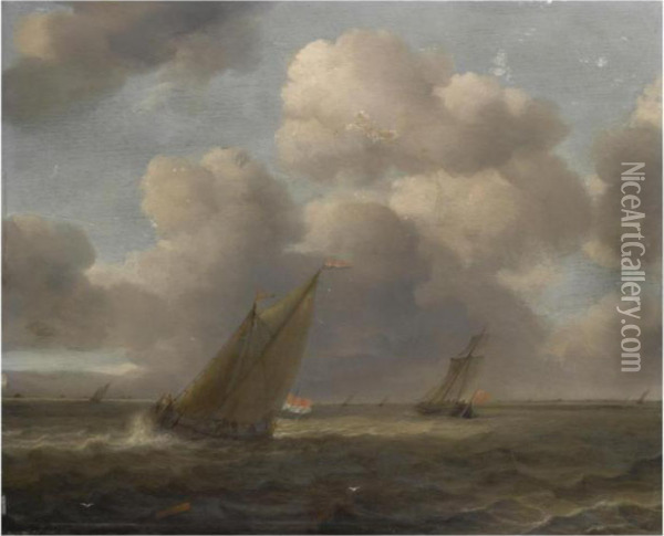 A Seascape With Small Dutch Vessels In A Stiff Breeze Oil Painting - Hendrik van Anthonissen