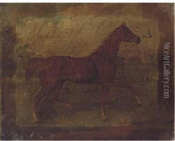 A Chestnut Horse In A Landscape; And A Bridled Bay Horse In A Stable Oil Painting - Thomas Bardwell