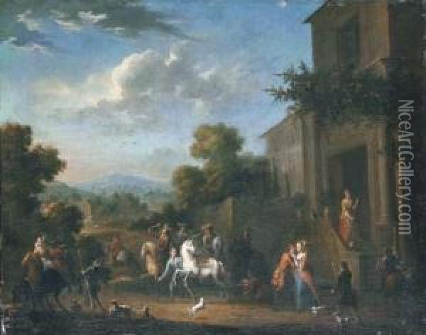 The Courtyard Of An Elegant Mansion With Figures Departing For Thehunt Oil Painting - Pieter Van Bredael