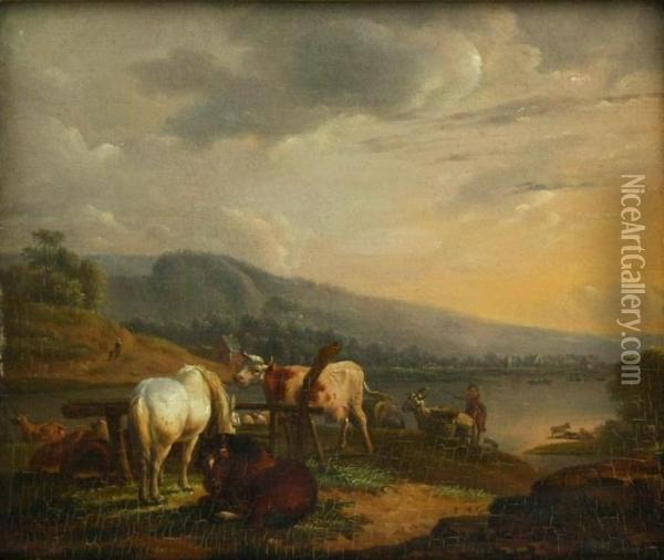 Fluslandschaft Mit Kuhherde Und Pferden Oil Painting - Jacob Van Stry