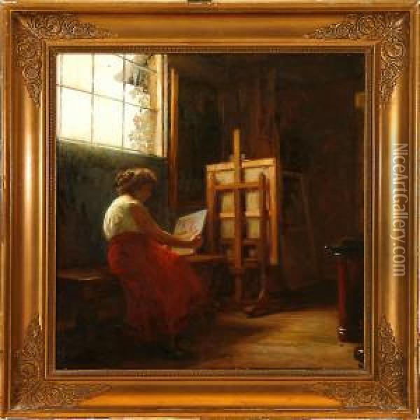Interior With A Womanin A Studio Oil Painting - Sally Philipsen