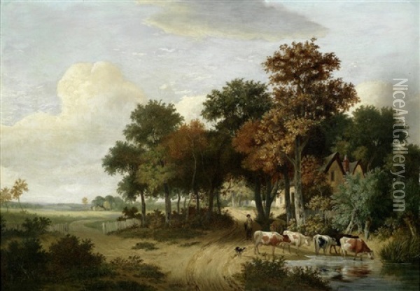 Cattle Watering In An East Anglian Landscape Oil Painting - Samuel David Colkett