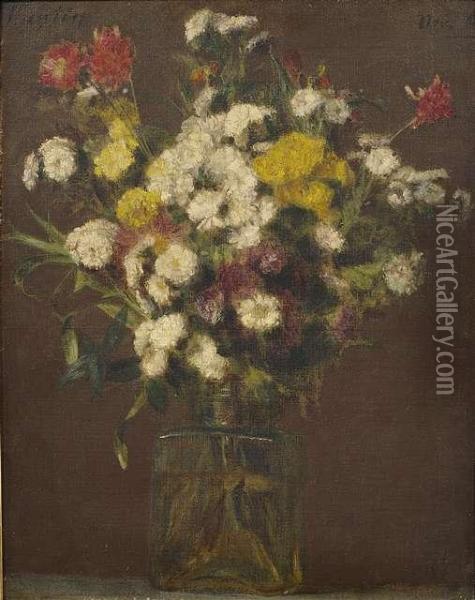Stilleben Mit Bunten Sommerblumen In Einer Glasvase Vor Dunklem Hintergrund Oil Painting - Ignace Henri Jean Fantin-Latour