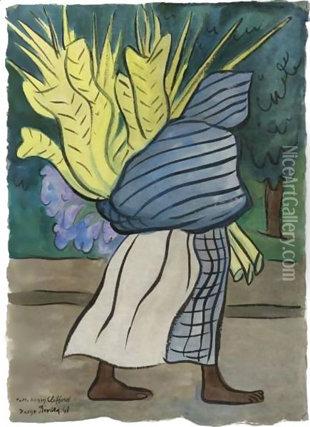 Mujer De Costado Con Palmas Oil Painting - Diego Rivera
