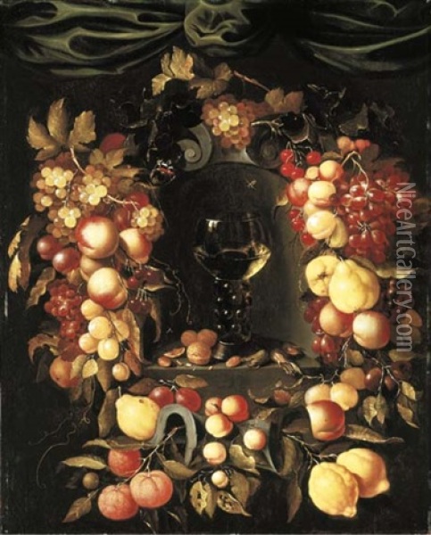 A Roemer With Walnuts And Almonds In A Niche Surrounded By A Garland Of Lemons, Peaches, Apricots, Oranges, Cherries And Grapes With A Red Admiral, Wasps And Ladybirds, A Canopy Above Oil Painting - Johannes Borman
