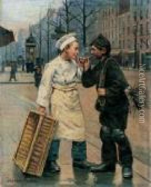 Pariser Strassenszene Mit Einem Backerjungen Und Einem Kleinen Schornsteinfeger. Oil Painting - Paul Charles Chocarne-Moreau