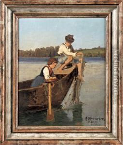 Fischerkinder Im Kahn Auf Sonnigen See Oil Painting - Helene Marie Stromeyer