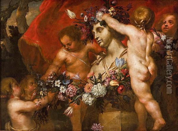 Putti Adornando Un Busto De Flora Oil Painting - Abraham Brueghel