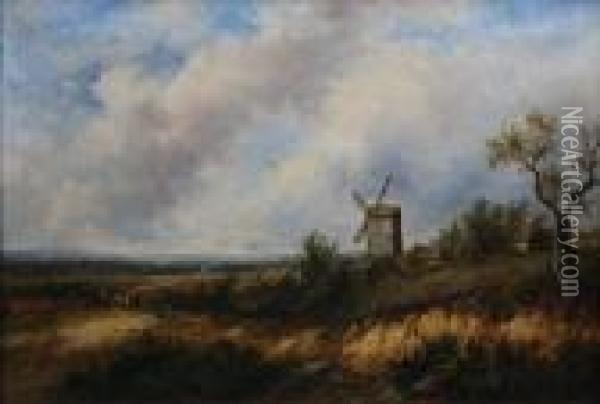 Figures Near A Windmill In An Extensive Landscape Oil Painting - Joseph Thors