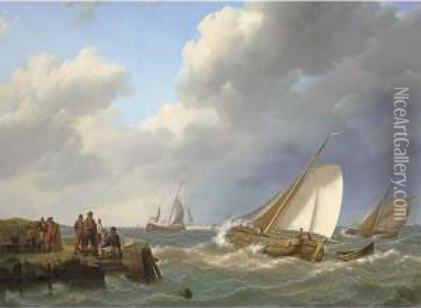 Shipping Off The Coast, Zeeland Oil Painting - Johannes Hermanus Koekkoek