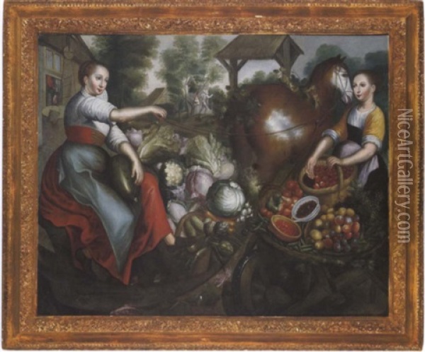 Zwei Marktfahrerinnen Mit Obst Und Gemuse Oil Painting - Joachim Beuckelaer