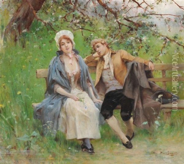 Junges Liebespaar Auf Einer Parkbank Sitzend Oil Painting - Emile Auguste Pinchart