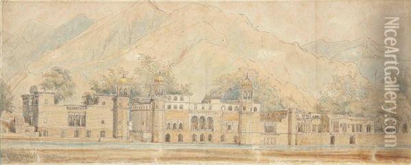 View Of An Indian Palace, By A River, In A Mountainous Landscape Oil Painting - Thomas Longcroft