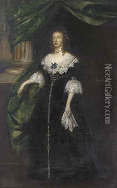 Portrait of a lady, full-length, in a black dress with lace collar and cuffs and pearl trimmed, by a green draped column Oil Painting - Johnson, Cornelius I