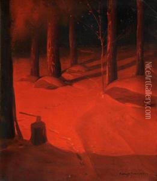 Winter Nocturne By Firelight Oil Painting - Svend Rasmussen Svendsen