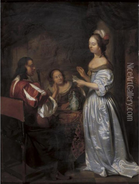 N - 17th Century A Musical Company Oil Painting - Caspar Netscher