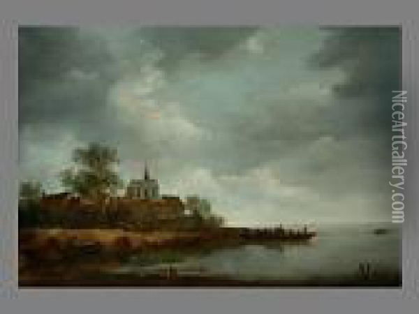 Flusslandschaft Mit Blick Auf Oil Painting - Adriaen Van Der Kabel
