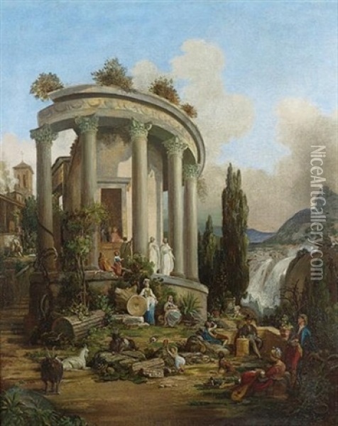 Figures Amongst The Ruins Of The Temple Of Vesta At Tivoli Oil Painting - Francois Celestin