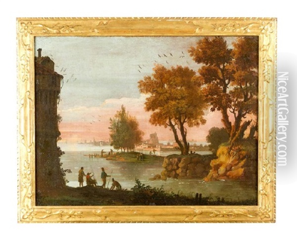 Landscape With Fishers And A Town Oil Painting - Francesco Zuccarelli