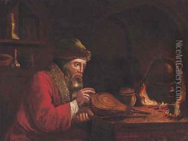 An alchemist by a stove in an interior Oil Painting - Christopher Paudiss