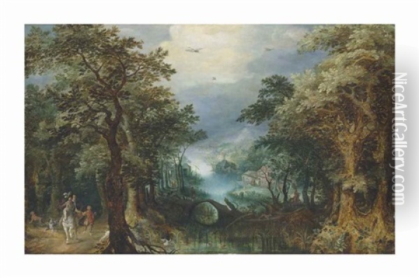 An Extensive Wooded River Landscape With A Hunting Party, A Village Beyond Oil Painting - Gillis Van Coninxloo III