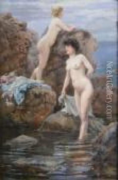 French Oil On Canvas Bathing Beauties On A Rocky Shore Signed 21.5 X 14.5in Oil Painting - Ferdinand Joseph Gueldry