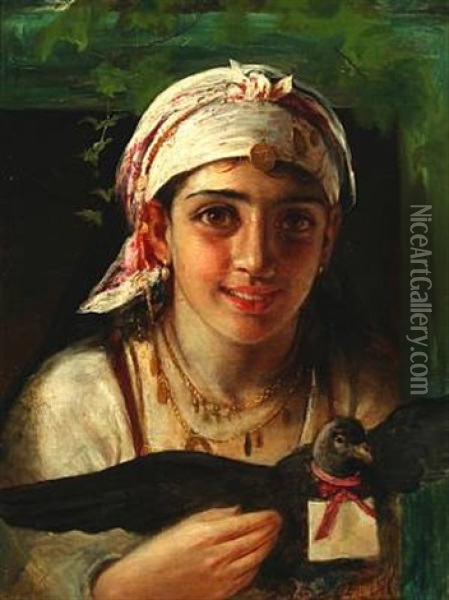 A Young Turkish Woman Sending A Letter To Her Loved One Oil Painting - Elisabeth Anna Maria Jerichau-Baumann