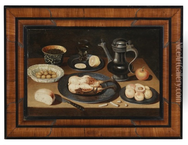 Still Life With Roast Chicken, Olives, Fruit And Bread Oil Painting - Osias Beert the Elder