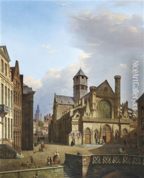 A City View Of Bruges With The Jerusalem Church In The Background (1838) Oil Painting - Pierre Francois de Noter
