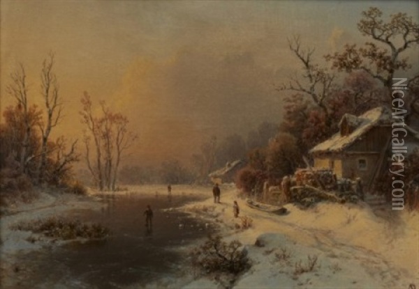 Vinterlandskap Med Figurer Oil Painting - August Bedrich Piepenhagen