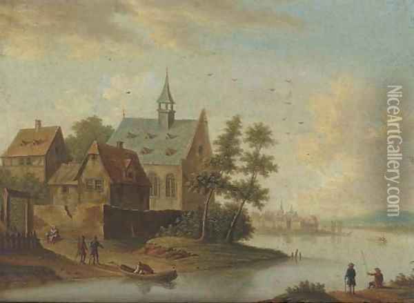 A river landscape with a village and anglers Oil Painting - Marc Baets