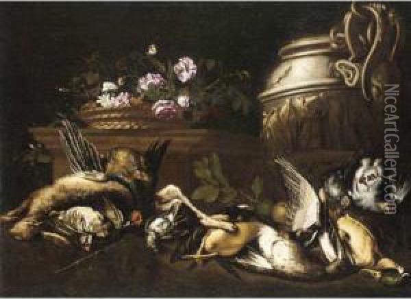 Still Life With A Hare, A Pheasant, Partridges, Duck And Other Gamebirds, Together With A Basket Of Flowers And A Gilt Urn Oil Painting - Giovanni Paolo Zanardi