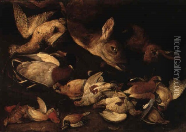 A Dead Deer, Hare, Mallard, Snipe And Song Birds On A Bank Oil Painting - Jan Fyt