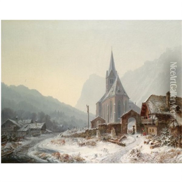Winterliche Kirche Im Gebirge Oil Painting - Heinrich Buerkel