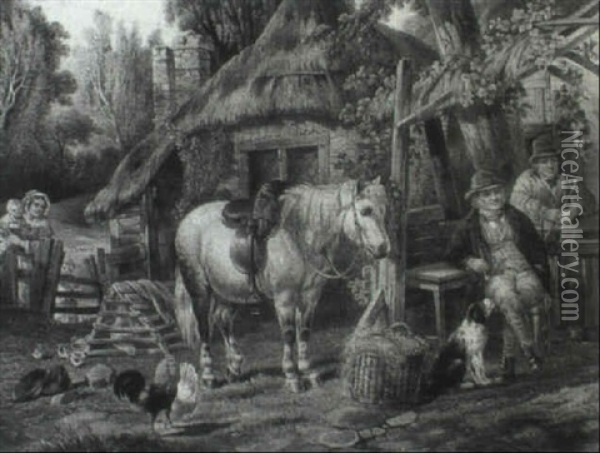 Figures And A Pony By A Rustic Homestead Oil Painting - George Washington Brownlow