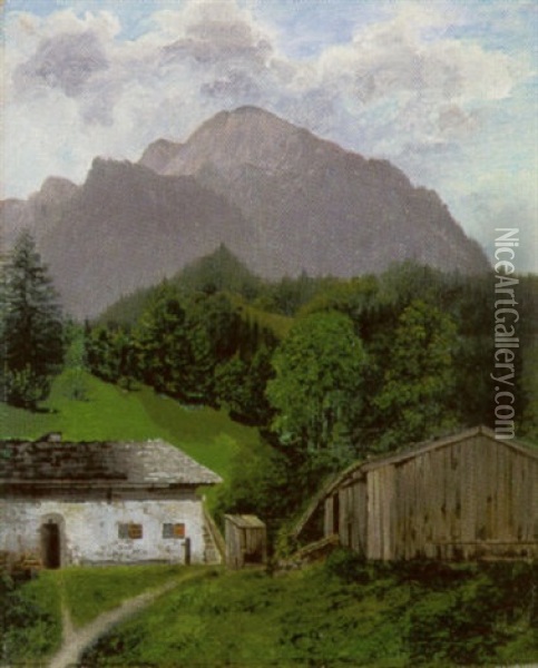 Bauernhaus Und Scheune Im Gebirgstal Oil Painting - Anton Schiffer